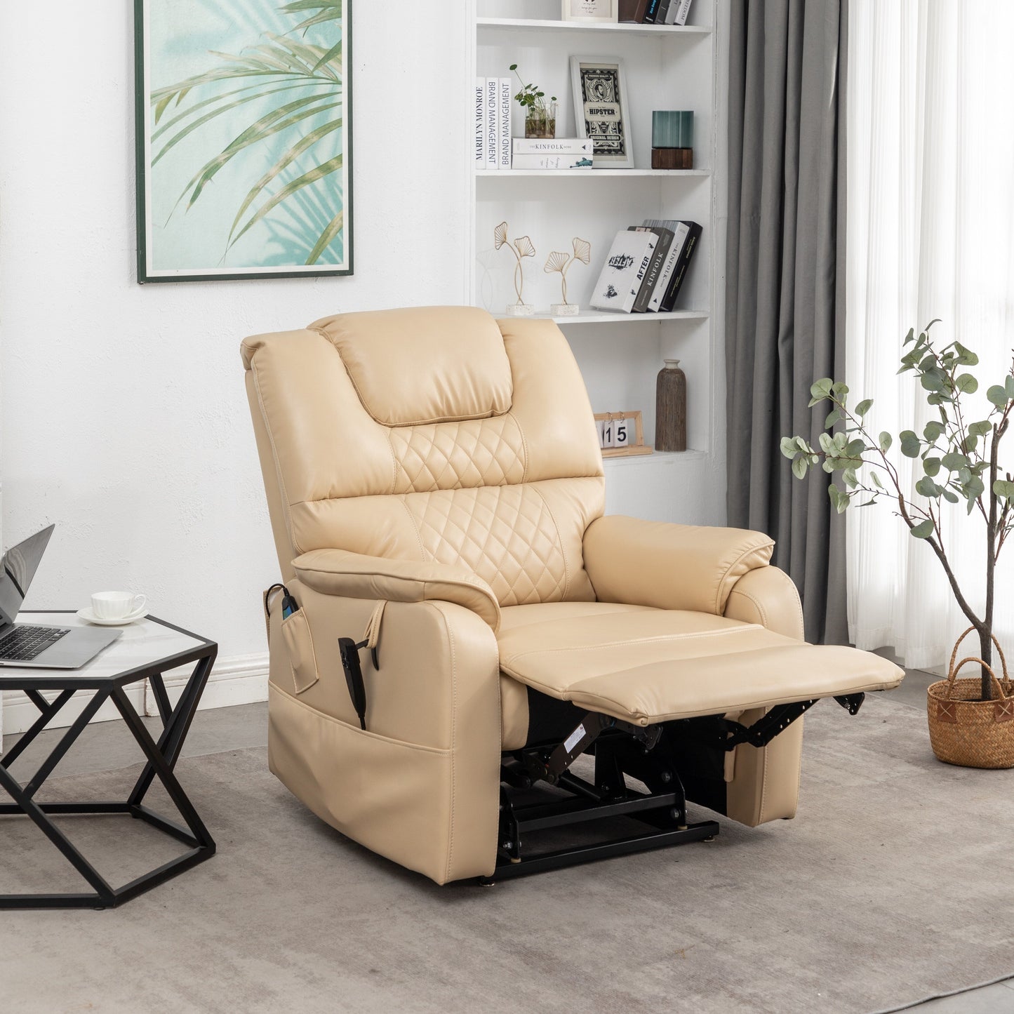 Poltrona reclinabile elettrica in pelle PU beige, massaggio, posizione piatta