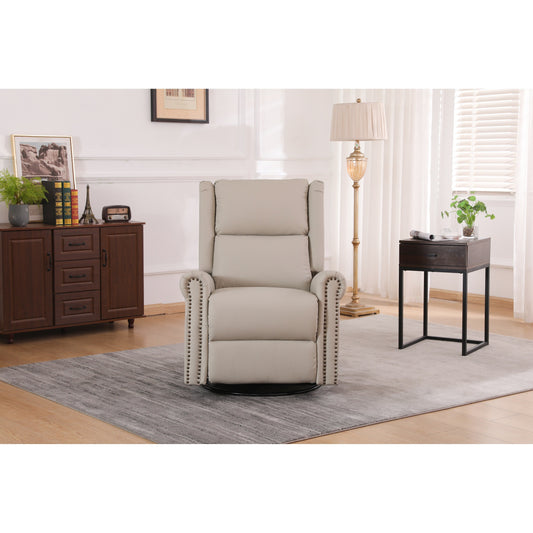 Poltrona reclinabile manuale girevole a 360° rivestita in pelle PU beige con schienale e poggiapiedi regolabili, decorazione con borchie