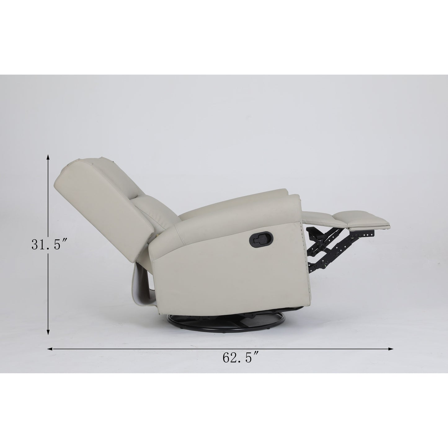 Poltrona reclinabile manuale girevole a 360° rivestita in pelle PU beige con schienale e poggiapiedi regolabili, decorazione con borchie