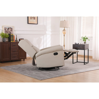 Poltrona reclinabile manuale girevole a 360° rivestita in pelle PU beige con schienale e poggiapiedi regolabili, decorazione con borchie