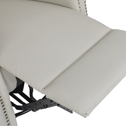 Poltrona reclinabile manuale girevole a 360° rivestita in pelle PU beige con schienale e poggiapiedi regolabili, decorazione con borchie