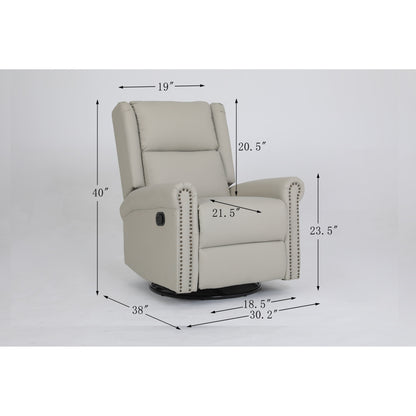 Poltrona reclinabile manuale girevole a 360° rivestita in pelle PU beige con schienale e poggiapiedi regolabili, decorazione con borchie