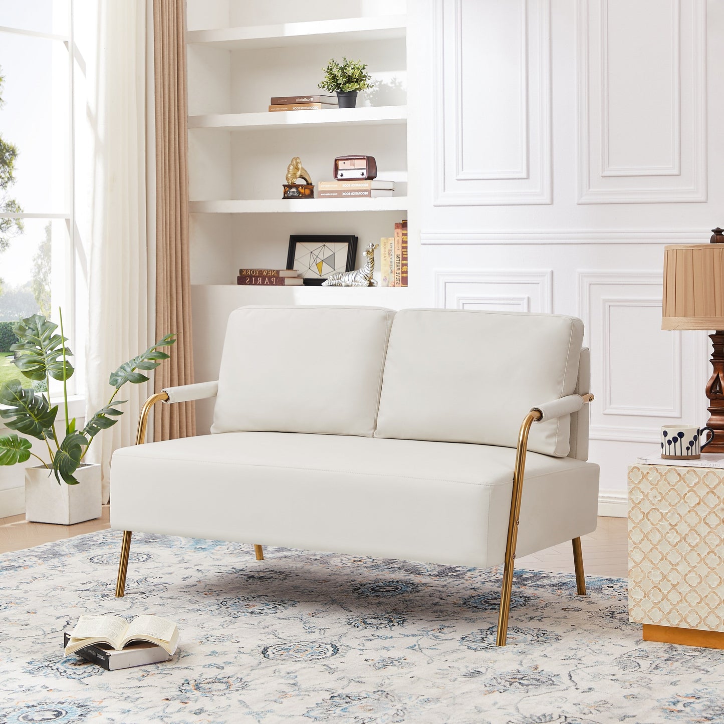 Divano a due posti in tessuto beige adatto agli animali domestici con cuscino rimovibile