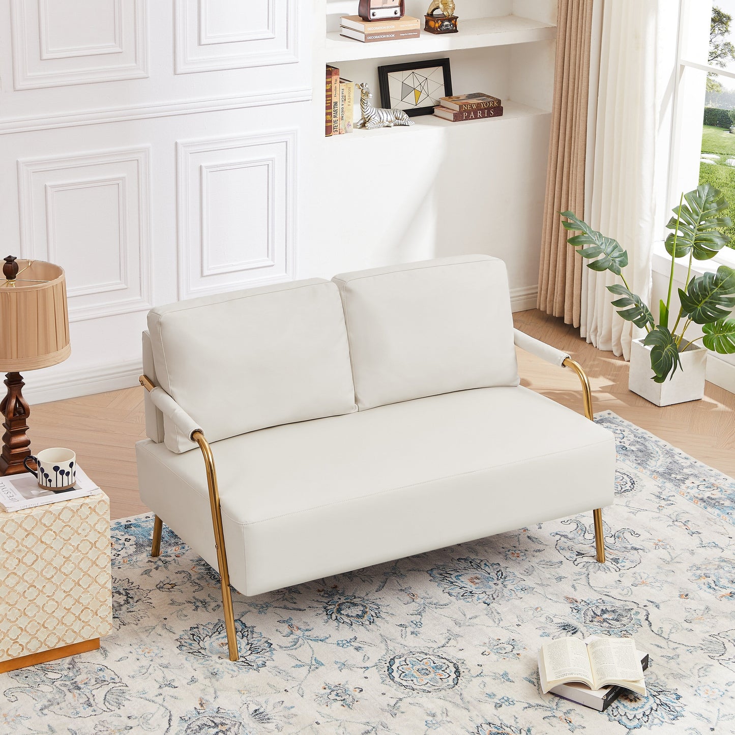 Divano a due posti in tessuto beige adatto agli animali domestici con cuscino rimovibile