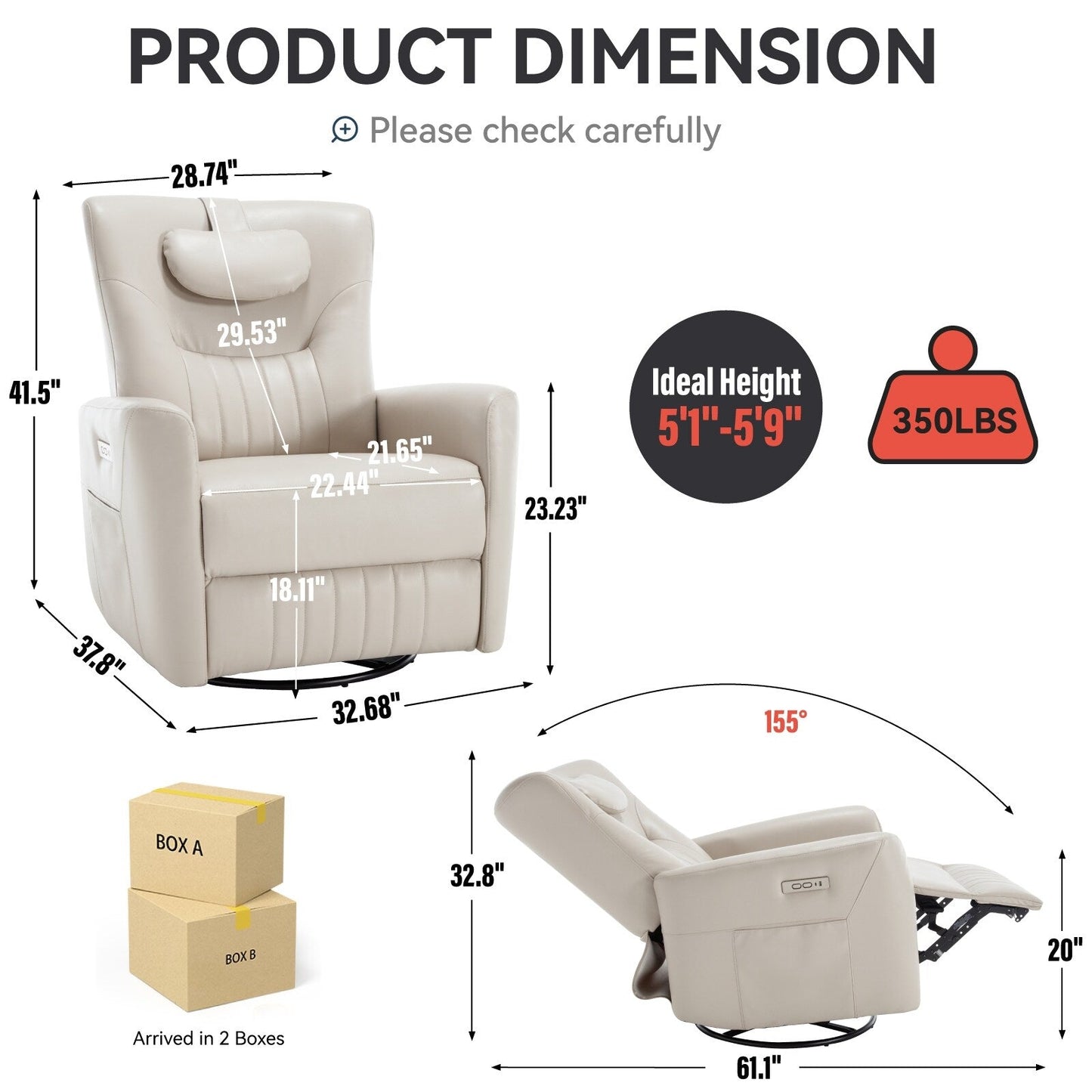 Poltrona reclinabile elettrica beige con movimento girevole, oscillante e cuscino lombare