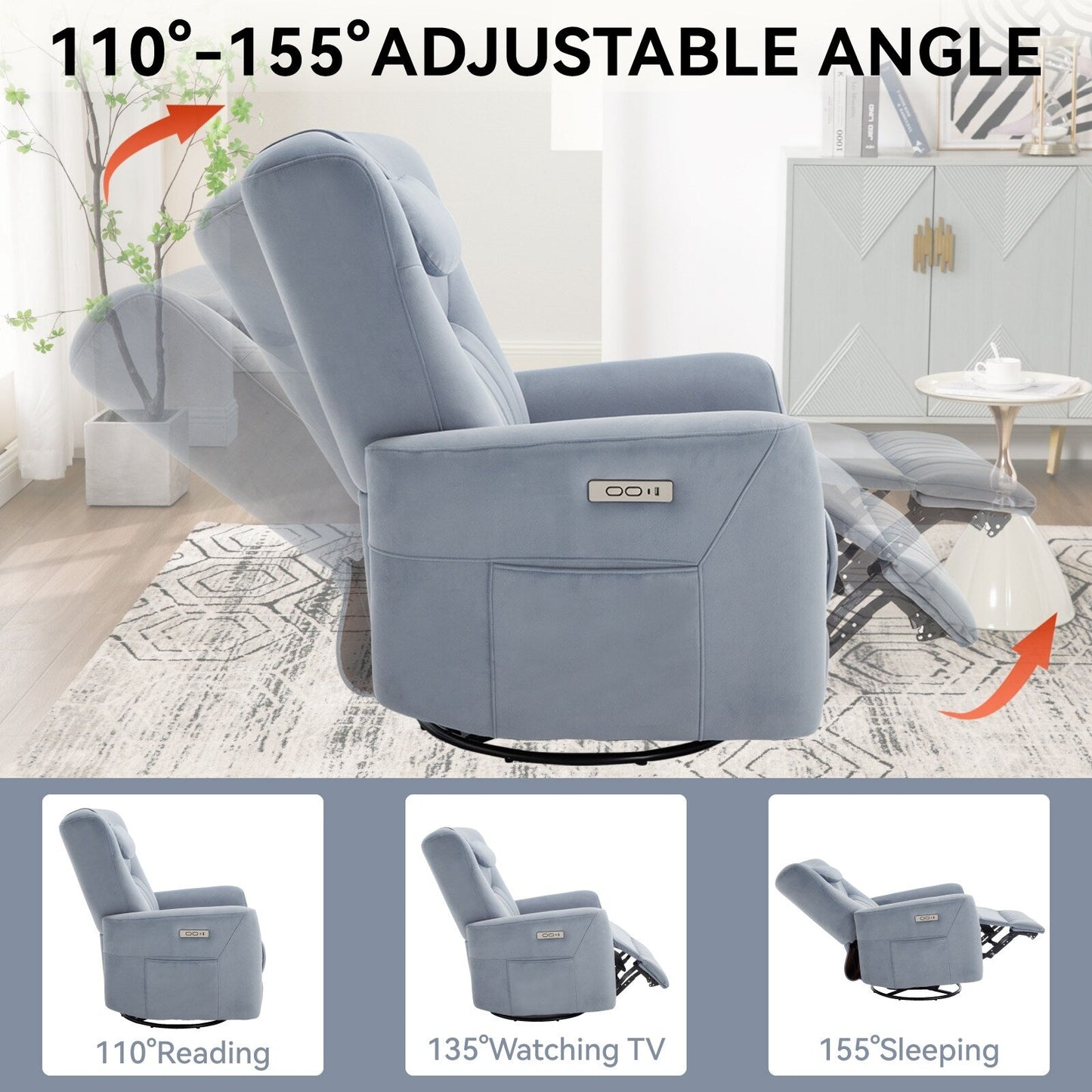 Poltrona reclinabile elettrica beige con movimento girevole, oscillante e cuscino lombare
