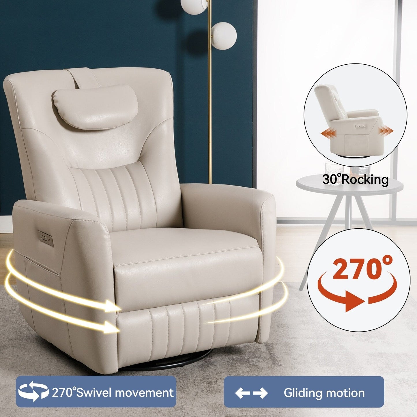 Poltrona reclinabile elettrica beige con movimento girevole, oscillante e cuscino lombare