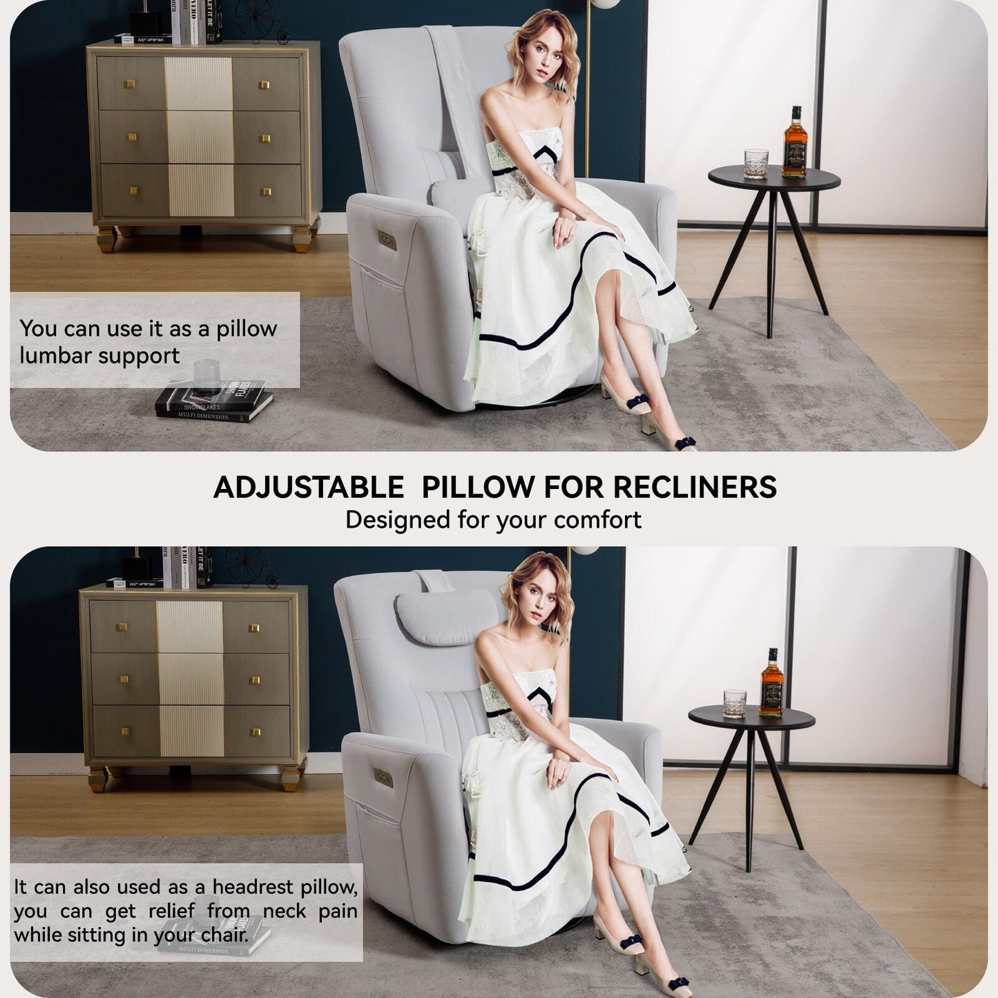 Poltrona reclinabile elettrica beige con movimento girevole, oscillante e cuscino lombare