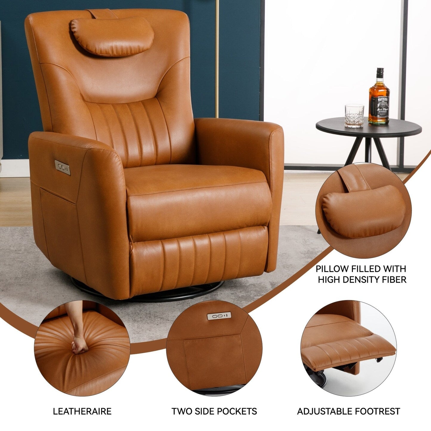 Poltrona reclinabile elettrica beige con movimento girevole, oscillante e cuscino lombare