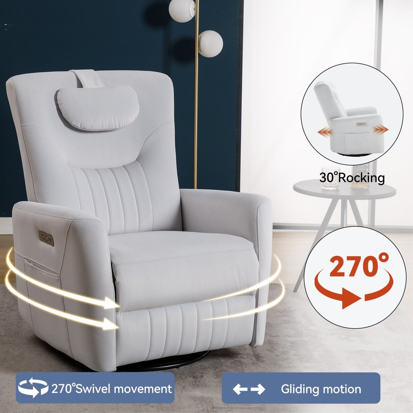 Poltrona reclinabile elettrica beige con movimento girevole, oscillante e cuscino lombare