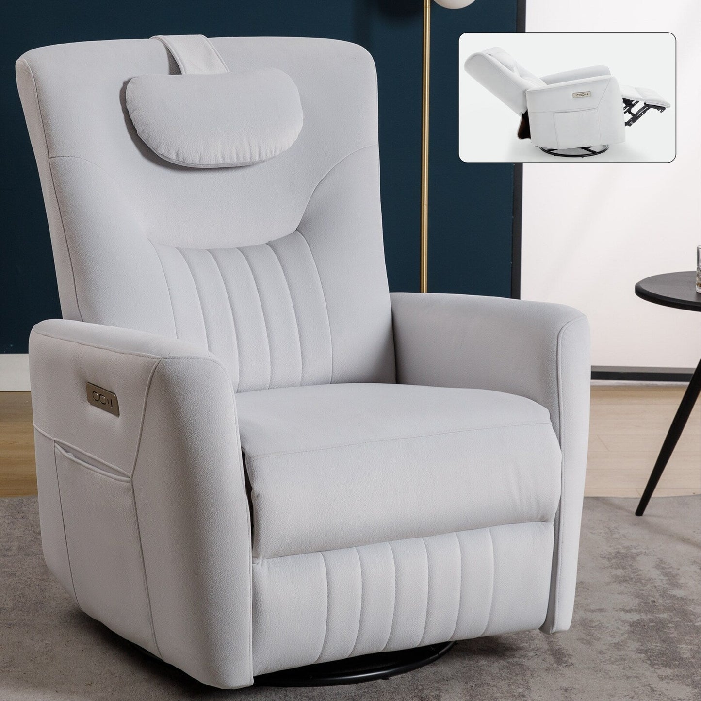 Poltrona reclinabile elettrica beige con movimento girevole, oscillante e cuscino lombare