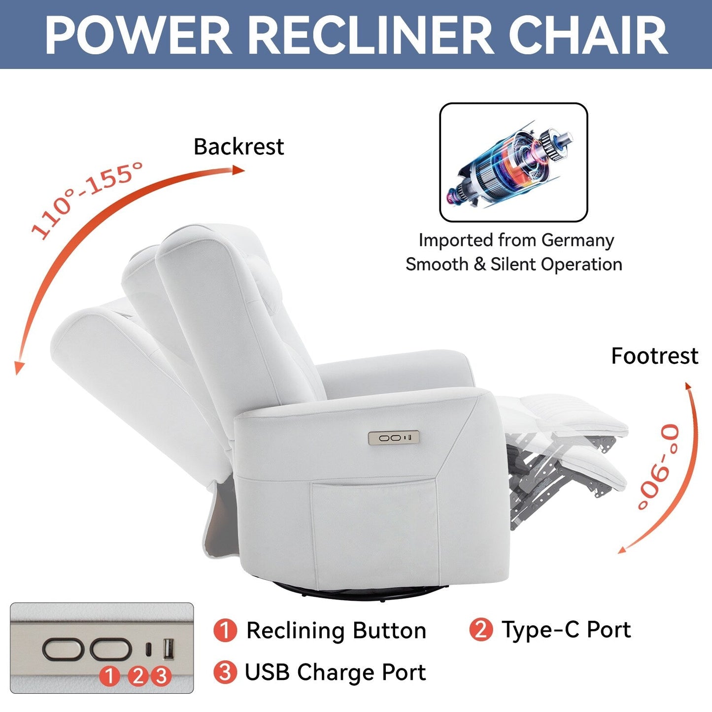 Poltrona reclinabile elettrica beige con movimento girevole, oscillante e cuscino lombare