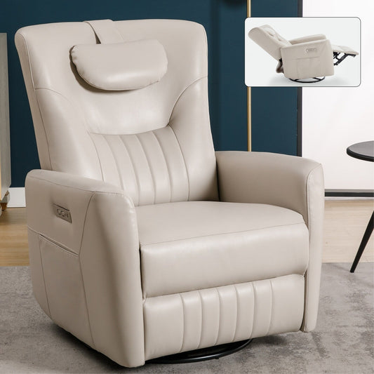 Poltrona reclinabile girevole elettrica beige, con supporto lombare e per il collo, porte di ricarica USB e Type-C
