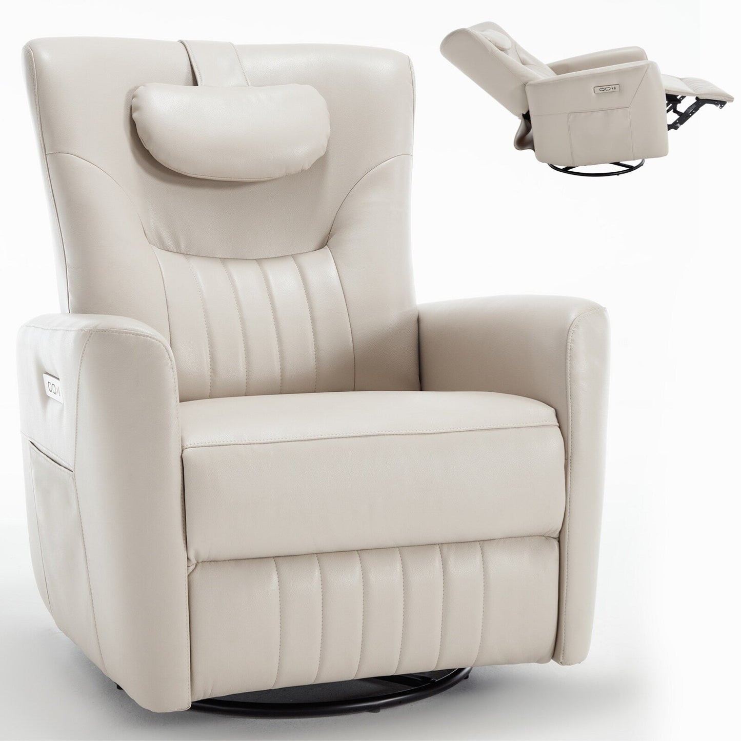 Poltrona reclinabile elettrica beige con supporto lombare e porte USB