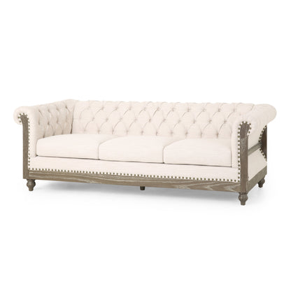 Divano Chesterfield 85.5 in stile retrò beige con bottoni trapuntati e gambe in legno per soggiorno