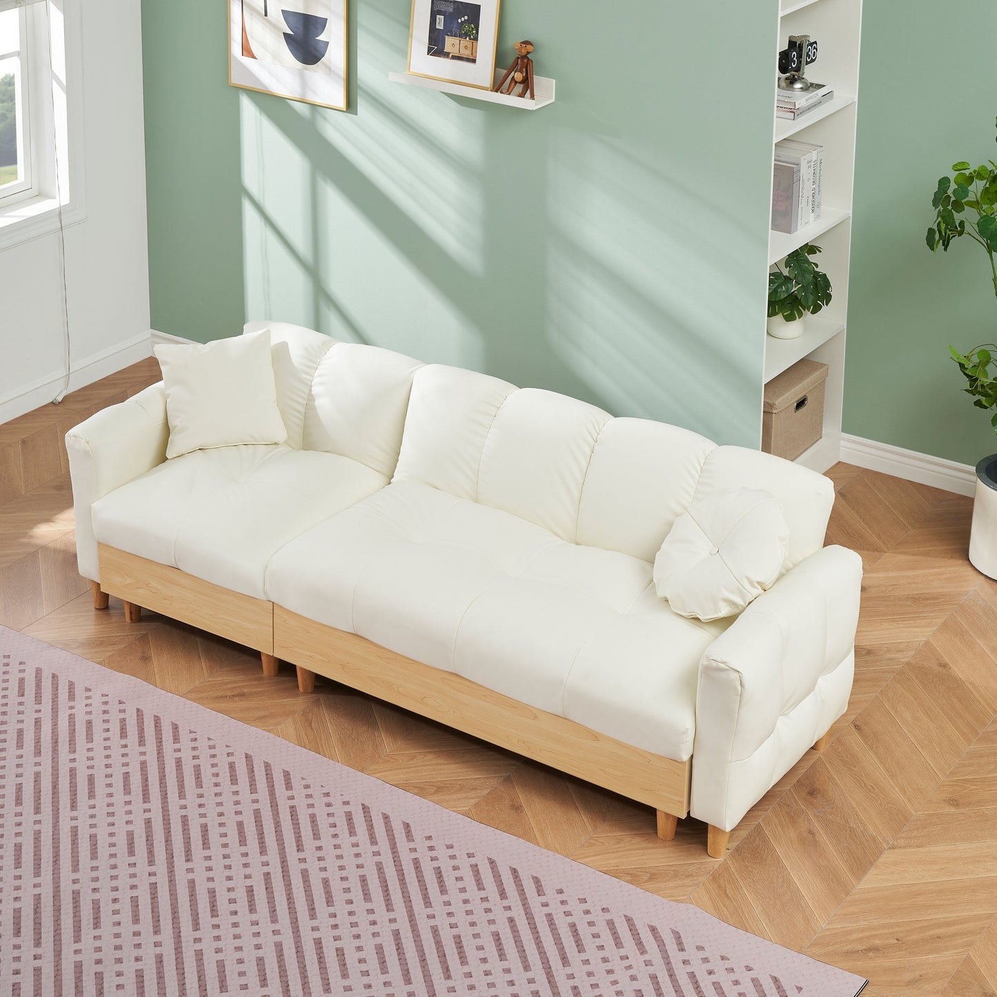 Divano letto imbottito moderno a 3 posti in tessuto tecnico beige 84.64 con cuscini, seduta contenitore e cassetto