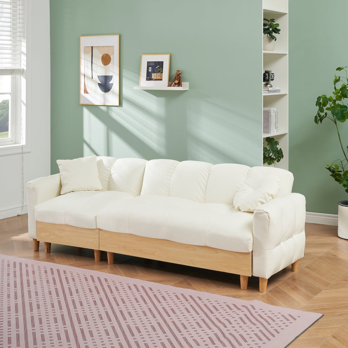 Divano letto imbottito moderno a 3 posti in tessuto tecnico beige 84.64 con cuscini, seduta contenitore e cassetto