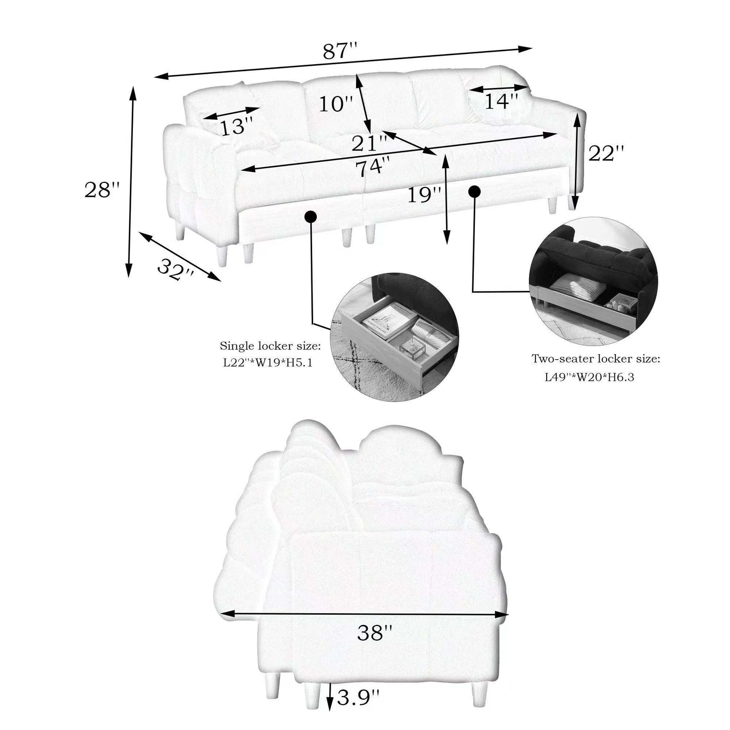 Divano letto a 3 posti imbottito in tessuto tecnico beige con contenitore e cassetto