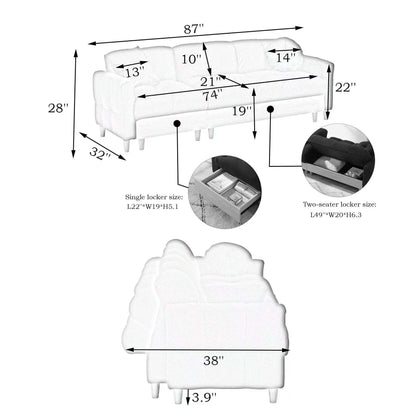Divano letto a 3 posti imbottito in tessuto tecnico beige con contenitore e cassetto