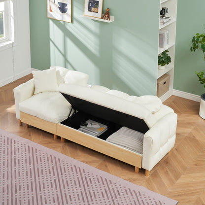 Divano letto a 3 posti imbottito in tessuto tecnico beige con contenitore e cassetto
