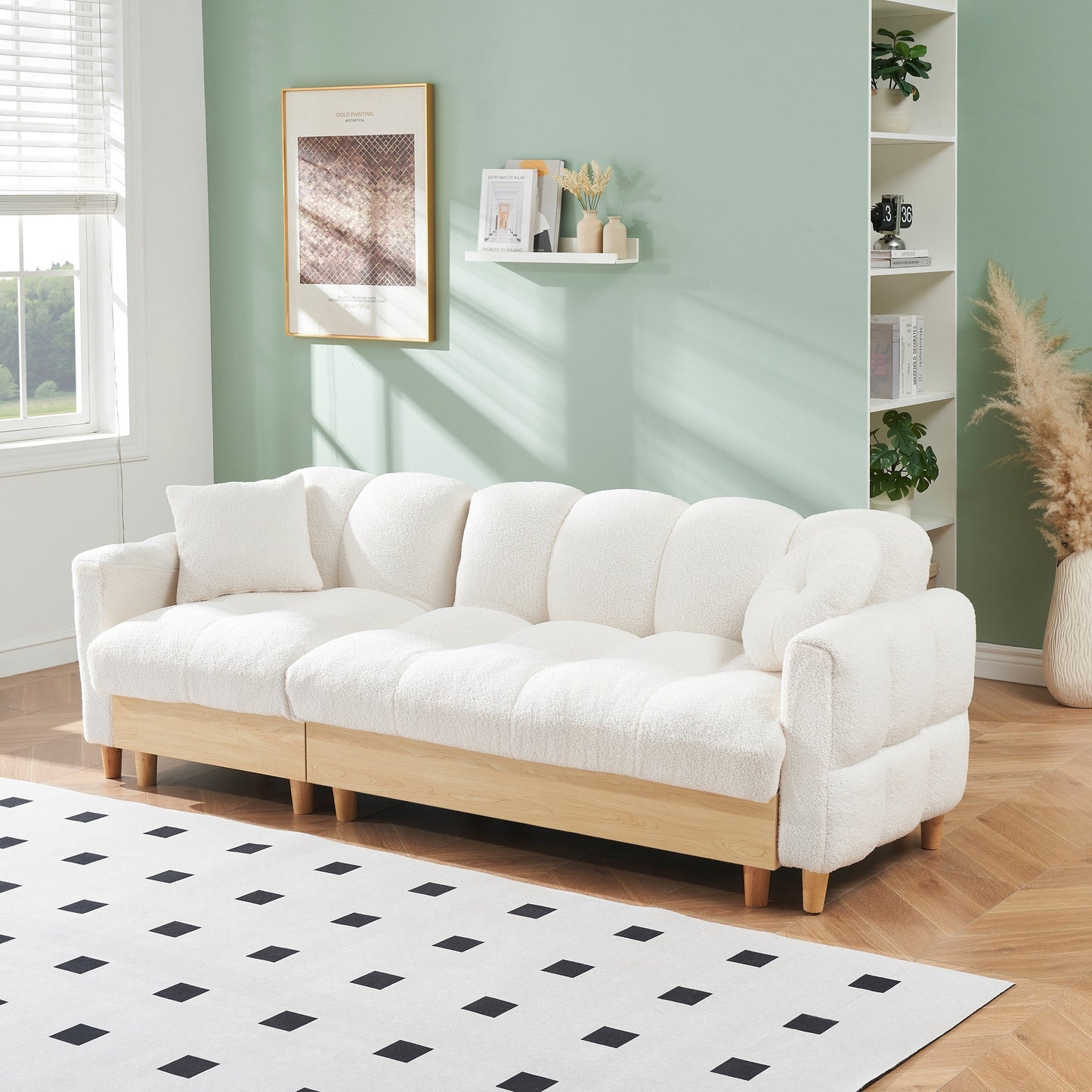 Divano letto imbottito beige Teddy Modern 84.64 a 3 posti con cuscini, seduta contenitore e cassetto
