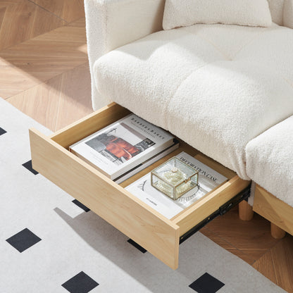 Divano letto imbottito beige Teddy Modern 84.64 a 3 posti con cuscini, seduta contenitore e cassetto