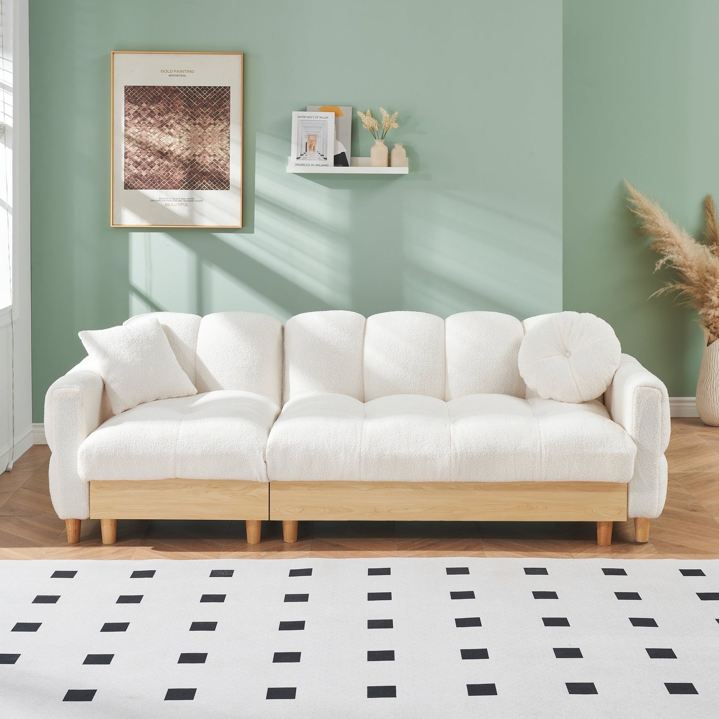 Divano letto imbottito beige Teddy a 3 posti con contenitore e cassetto