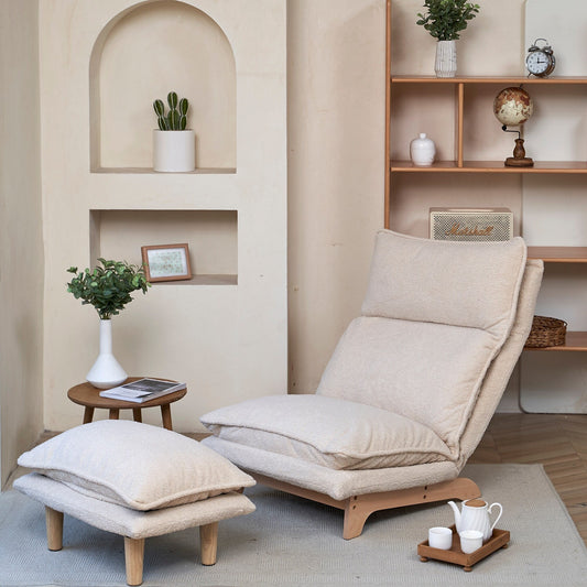 Poltrona reclinabile manuale senza braccioli imbottita beige con poggiatesta, schienale e poggiatesta regolabili, posizione piatta a 180°