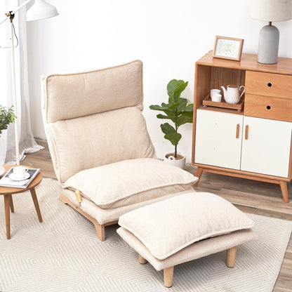Poltrona reclinabile manuale senza braccioli imbottita beige con poggiatesta, schienale e poggiatesta regolabili, posizione piatta a 180°