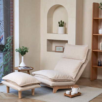 Poltrona reclinabile manuale senza braccioli imbottita beige con poggiatesta, schienale e poggiatesta regolabili, posizione piatta a 180°