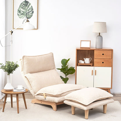 Poltrona reclinabile manuale senza braccioli imbottita beige con poggiatesta, schienale e poggiatesta regolabili, posizione piatta a 180°