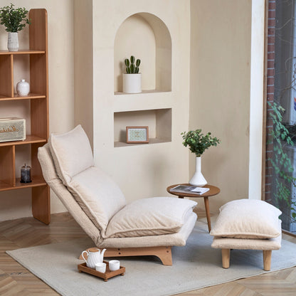 Poltrona reclinabile manuale senza braccioli imbottita beige con poggiatesta, schienale e poggiatesta regolabili, posizione piatta a 180°