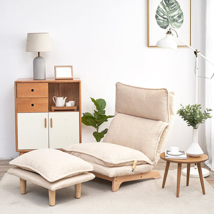 Poltrona reclinabile manuale senza braccioli imbottita beige con poggiatesta, schienale e poggiatesta regolabili, posizione piatta a 180°