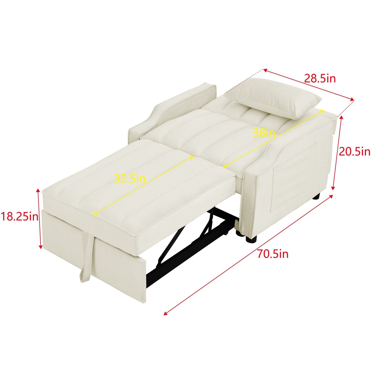 Divano letto singolo convertibile in velluto beige da 35,5 pollici con letto estraibile, tasca portaoggetti e cuscini