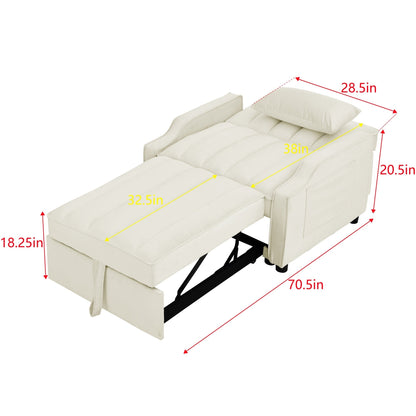 Divano letto singolo convertibile in velluto beige da 35,5 pollici con letto estraibile, tasca portaoggetti e cuscini