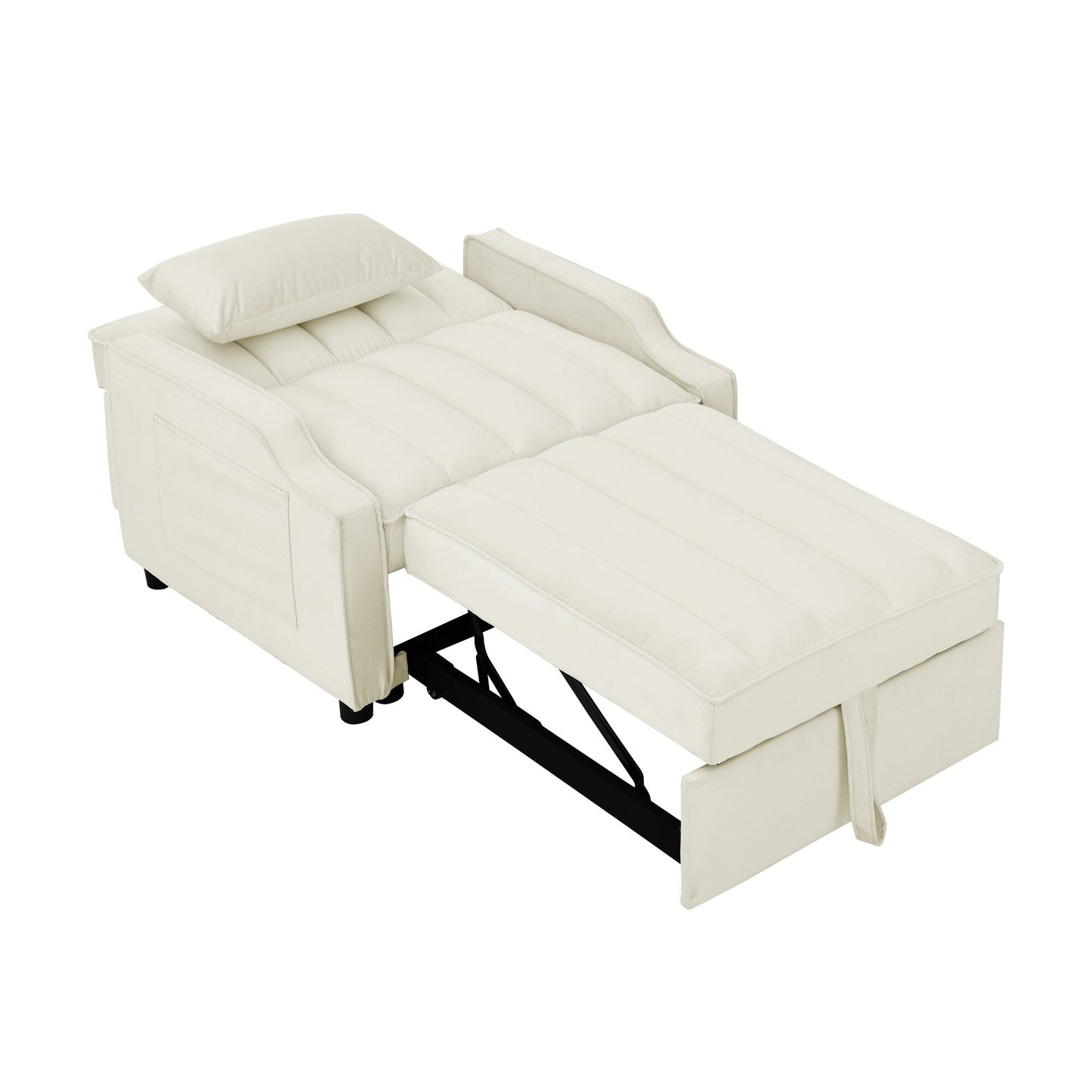 Divano letto singolo convertibile in velluto beige da 35,5 pollici con letto estraibile, tasca portaoggetti e cuscini