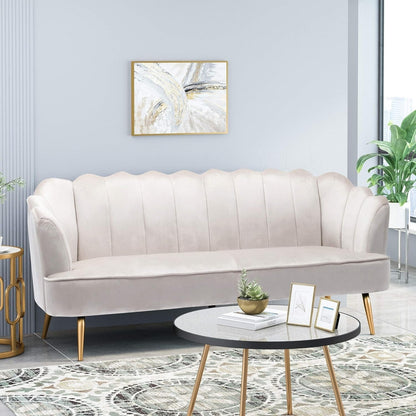 Divano a 3 posti in velluto beige con cuciture a canale e gambe in metallo