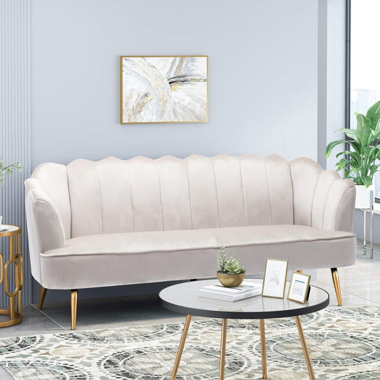 Divano a 3 posti in velluto beige con cuciture a canale e gambe in metallo