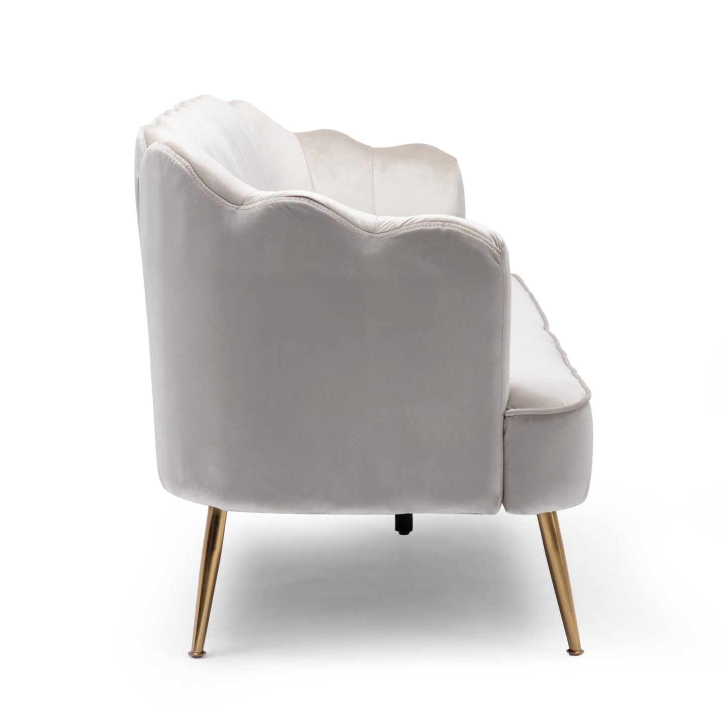 Divano a 3 posti in velluto beige con cuciture a canale e gambe in metallo