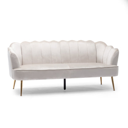 Divano a 3 posti in velluto beige con cuciture a canale e gambe in metallo