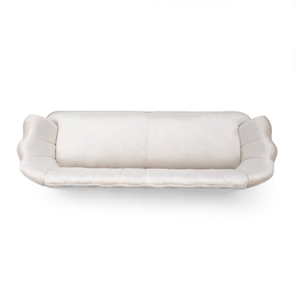 Divano a 3 posti in velluto beige con cuciture a canale e gambe in metallo
