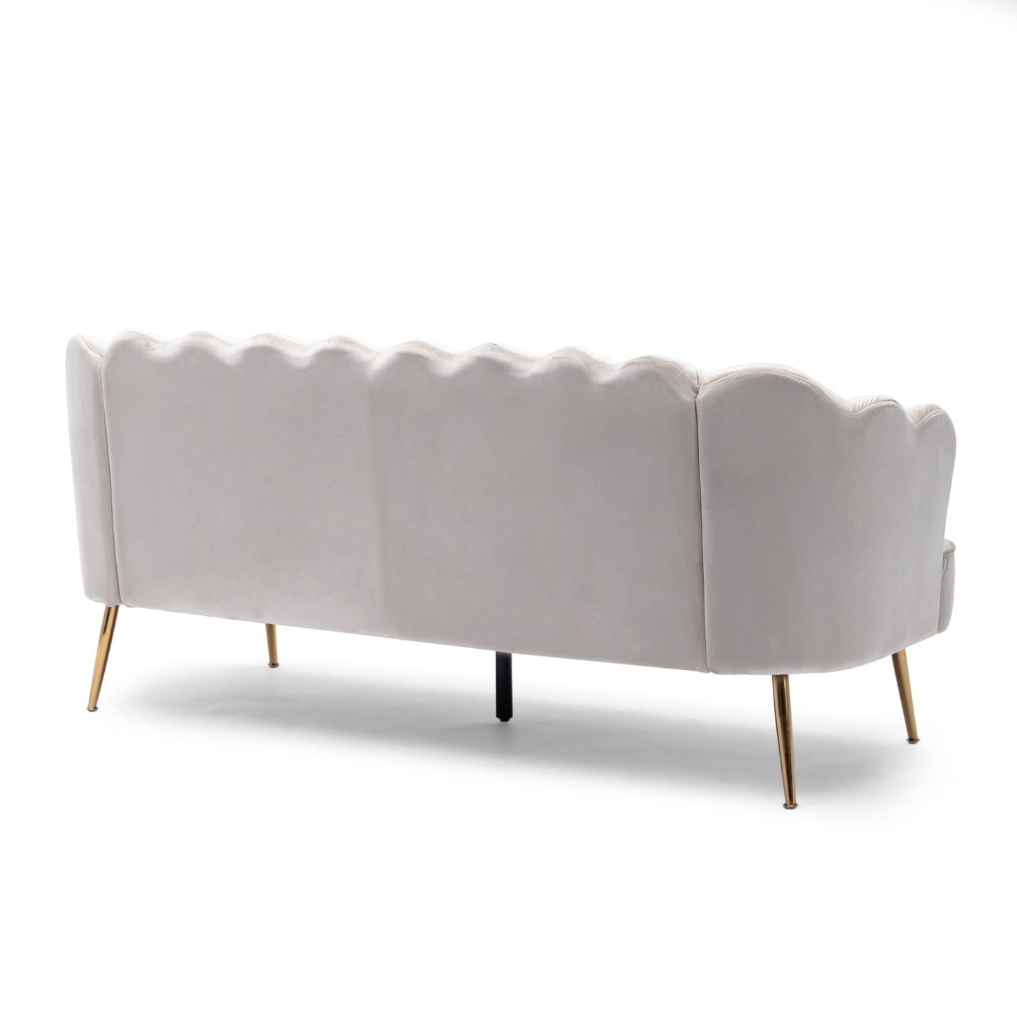 Divano a 3 posti in velluto beige con cuciture a canale e gambe in metallo