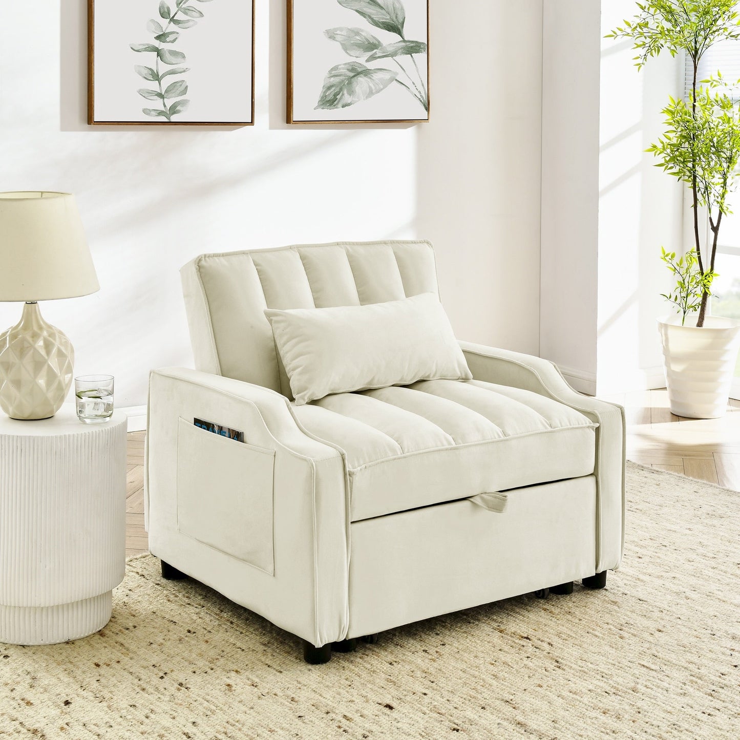 Divano letto singolo convertibile in velluto beige con letto estraibile