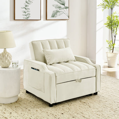Divano letto singolo convertibile in velluto beige con letto estraibile