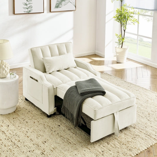 Divano letto singolo convertibile in velluto beige con letto estraibile