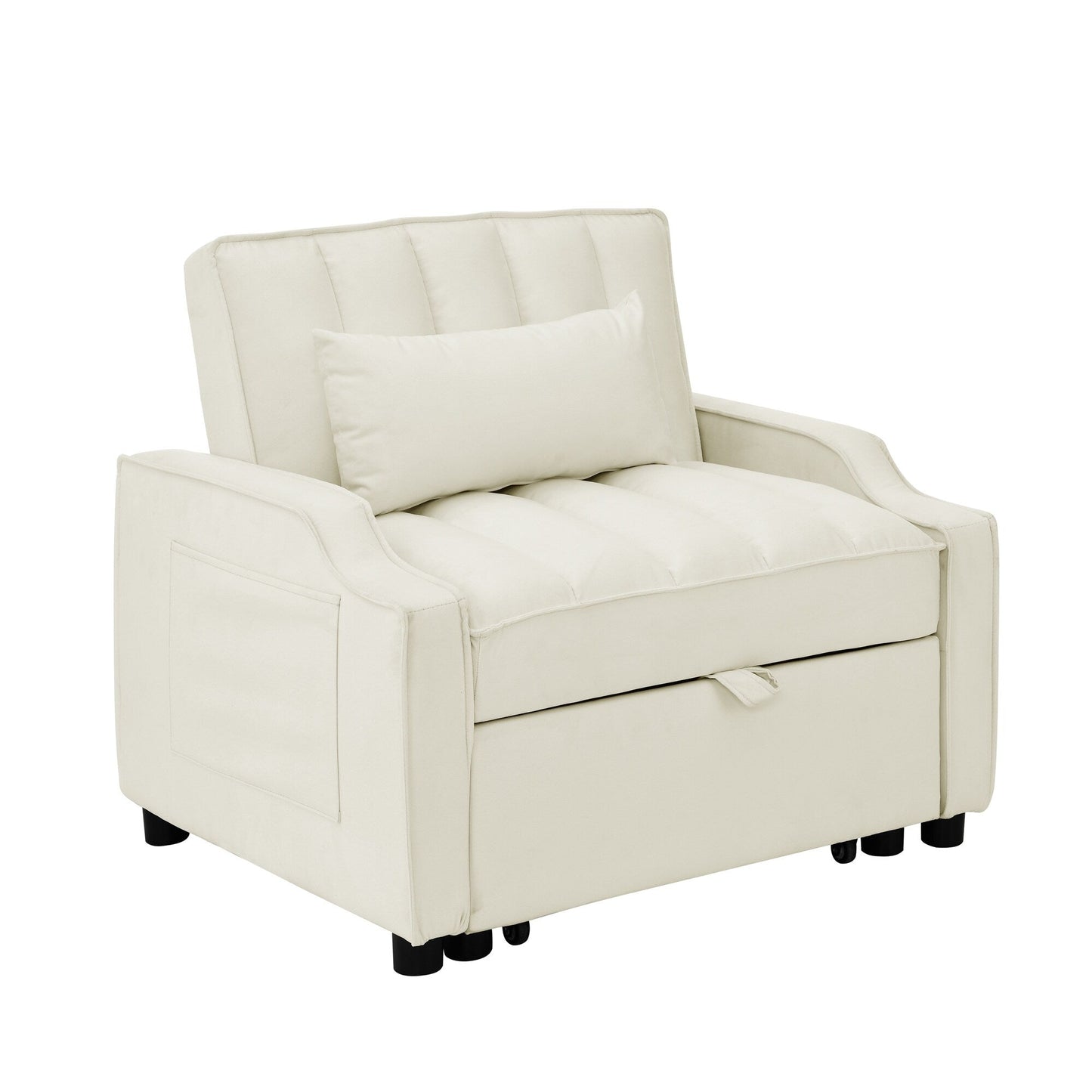 Divano letto singolo convertibile in velluto beige con letto estraibile