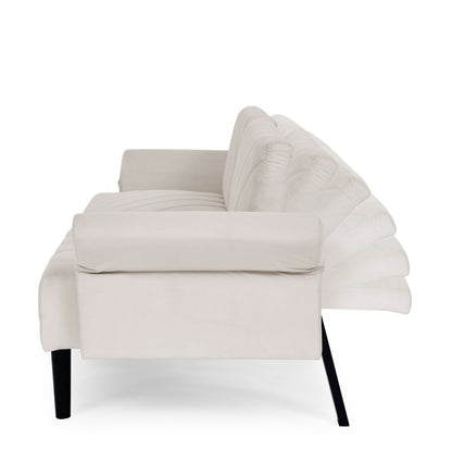 Divano letto futon convertibile in velluto beige trapuntato