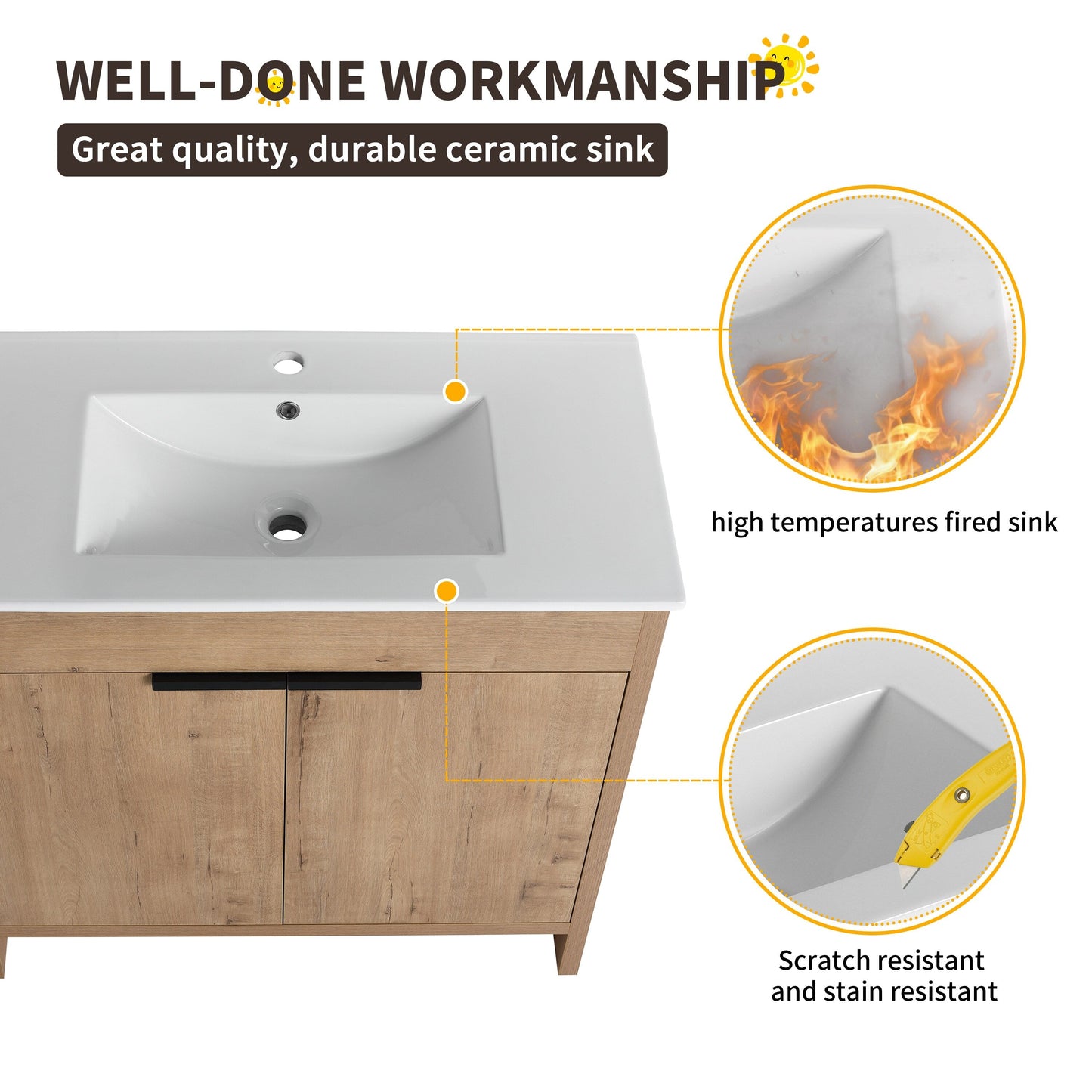 Beingnext 24/30/36 Mobile bagno con lavabo, mobile bagno indipendente con anta a chiusura ammortizzata e ripiano regolabile