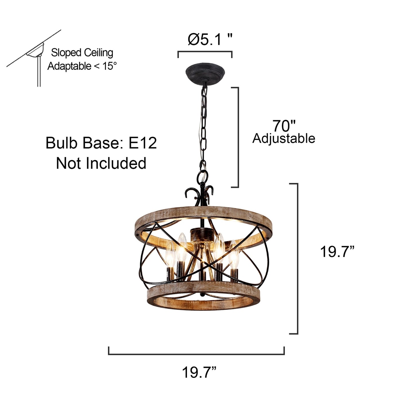 Bella Depot Lampadario rustico in legno a 5 luci con illuminazione dimmerabile, lampada a sospensione regolabile da 15,7 pollici per isola cucina