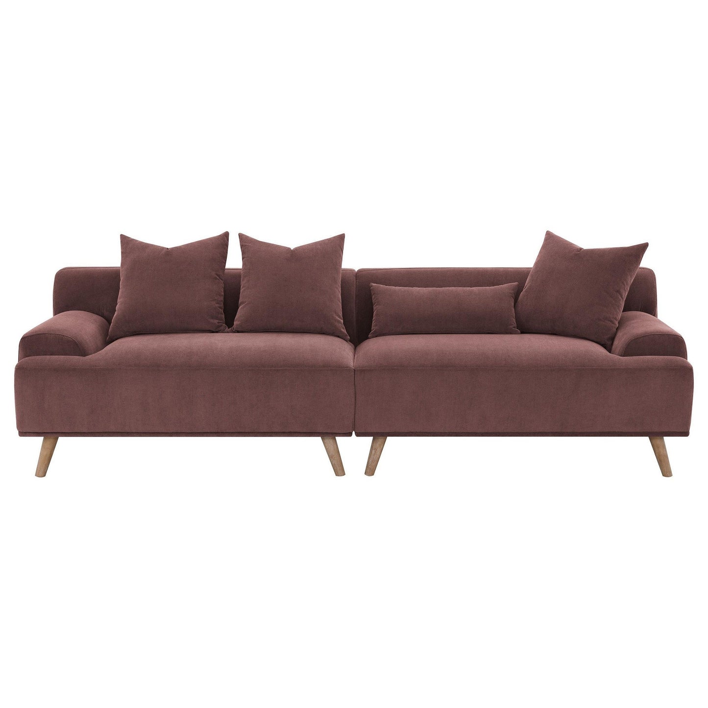 Divano lungo Beno, 103 pollici, velluto a coste rosso bordeaux retrò, 4 cuscini decorativi